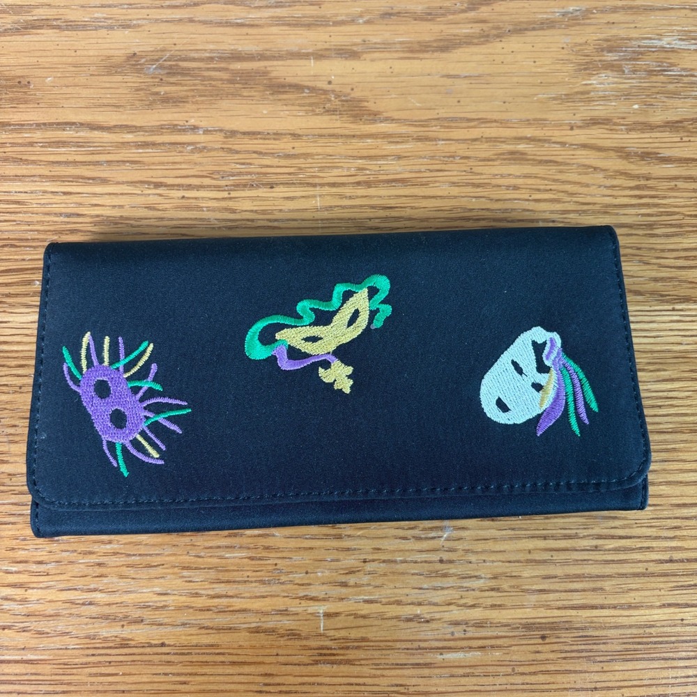 Black Satin Mardi Gras Masquerade Mask Embroidered Trifold Wallet Clutch